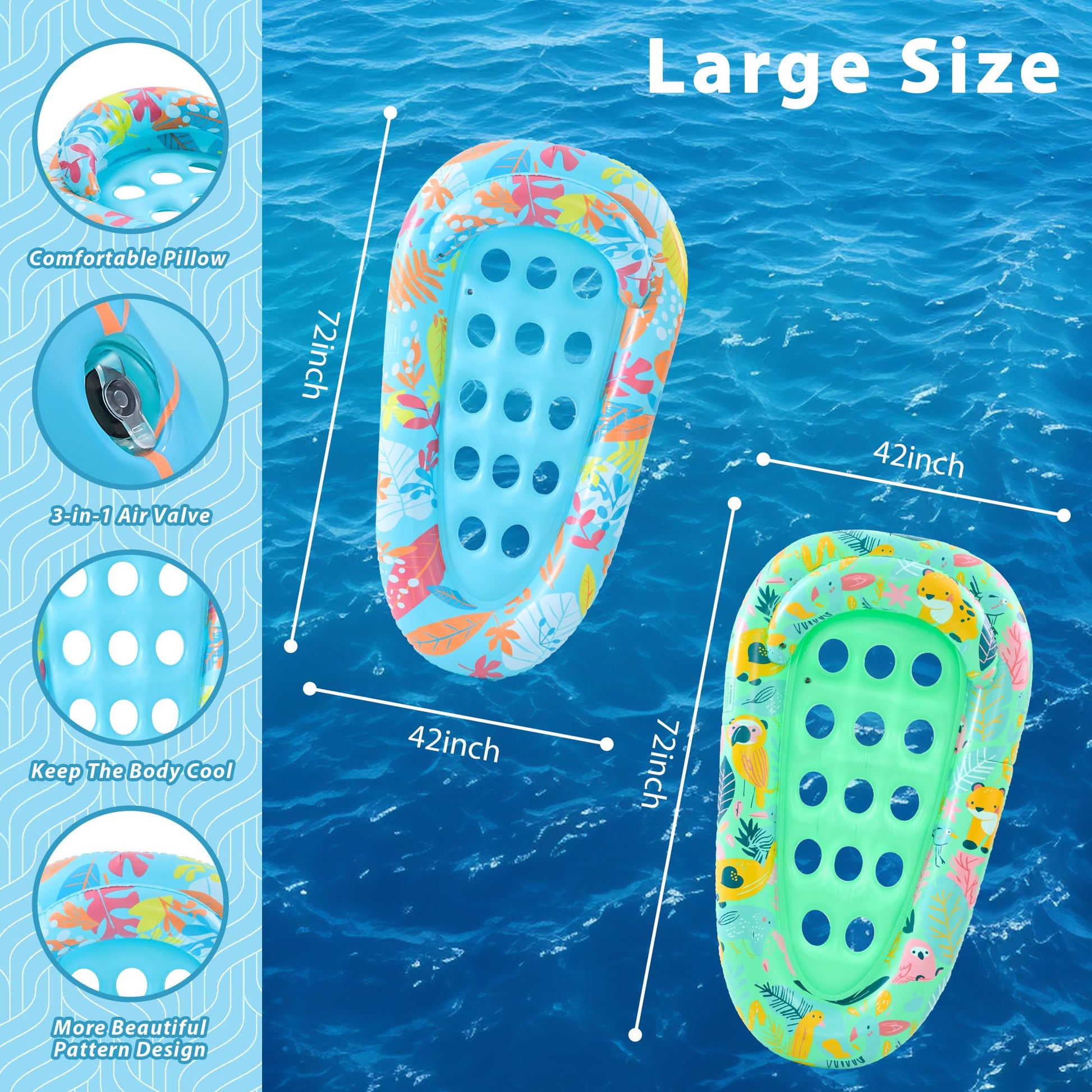 LUSARRYWILL 2 Pack Pool Floaties for Adults, 72"X42" Ultra Size with Headrest, Cooling Holes, Giant Pool Mats, Multi-Purpose Pool Float Lounger for Pool Party, Beach, Lake, River, Sea, Outdoor