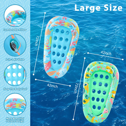 LUSARRYWILL 2 Pack Pool Floaties for Adults, 72"X42" Ultra Size with Headrest, Cooling Holes, Giant Pool Mats, Multi-Purpose Pool Float Lounger for Pool Party, Beach, Lake, River, Sea, Outdoor