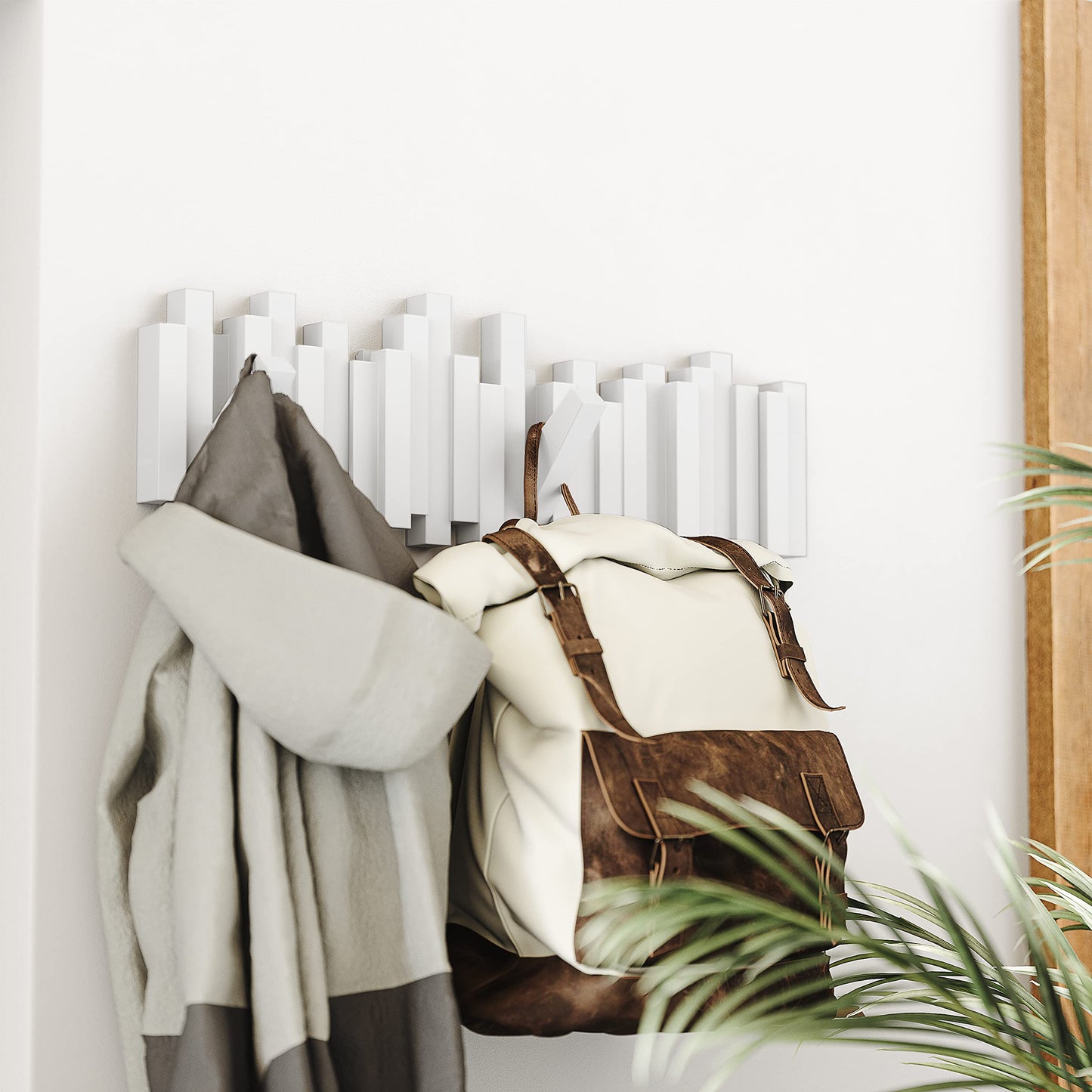 Umbra Sticks Wall-Mounted Coat Rack Rail Hook with 5 Retractable Pegs – Modern, Space-Saving Storage Organizer, White Umbra