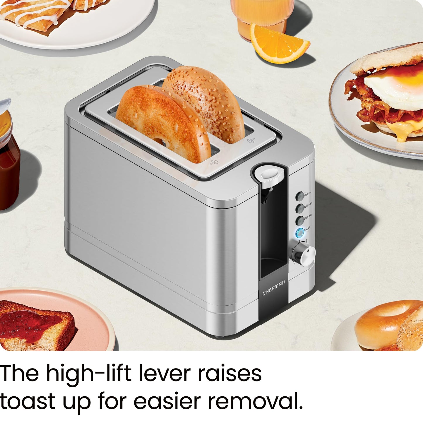 Chefman 2-Slice Pop-Up Stainless Steel Toaster w/ 7 Shade Settings, Extra Wide Slots for Toasting Bagels, Defrost/Reheat/Cancel Functions, Removable Crumb Tray, 850W, 120V, Silver - Available at All In One Marketplace Canada