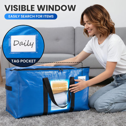 TAILI Extra Large Moving Bags, Heavy Duty Totes for Storage with Visible Window, U-Shaped Around Handles, Storage Contrainer Box for Space Saving, Blue, 4 Pack - Available at All In One Marketplace Canada