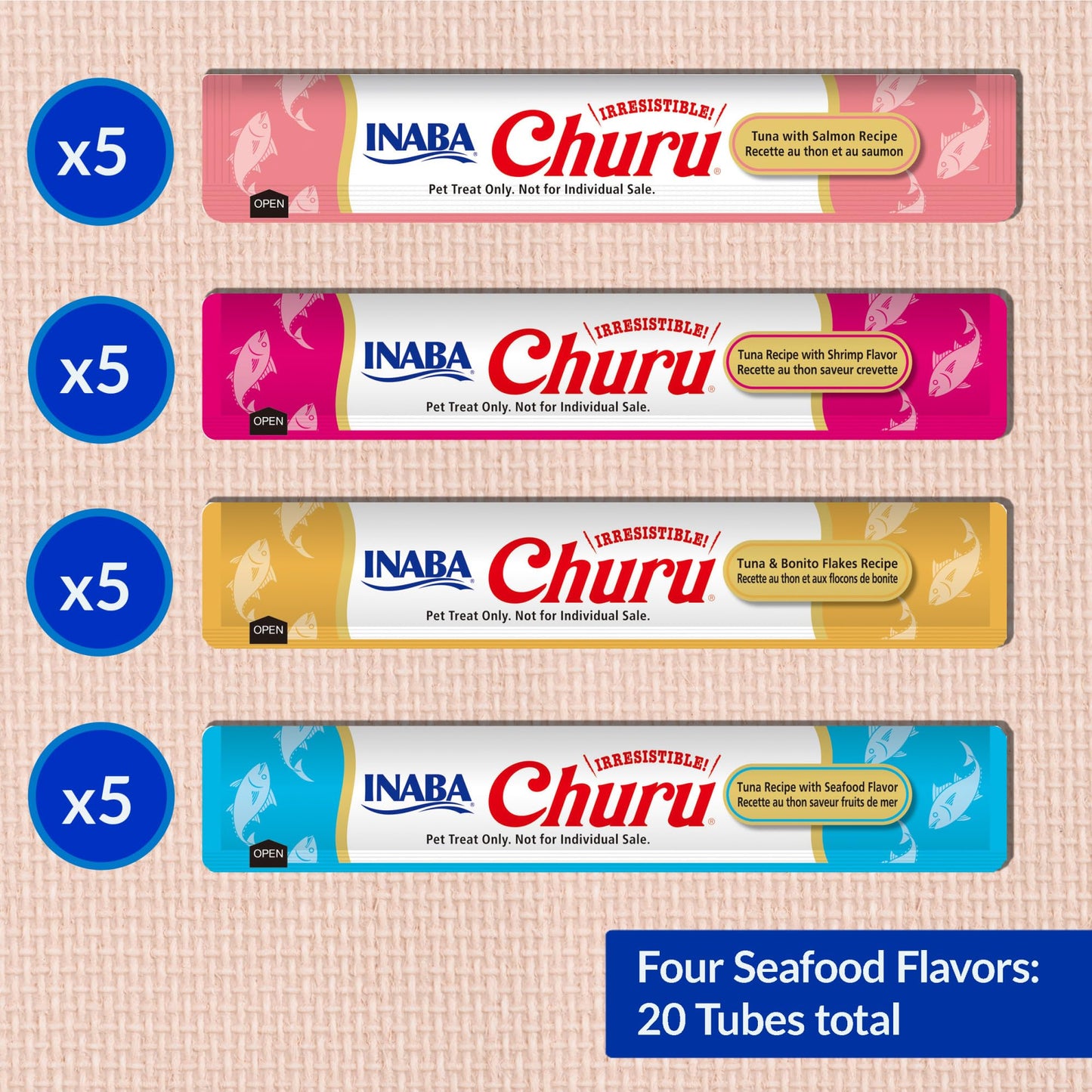 INABA Churu Cat Treats, Lickable, Squeezable Creamy Purée Cat Treat with Green Tea Extract & Taurine, 14 Grams Each Tube, 20 Tubes, Seafood Variety Box