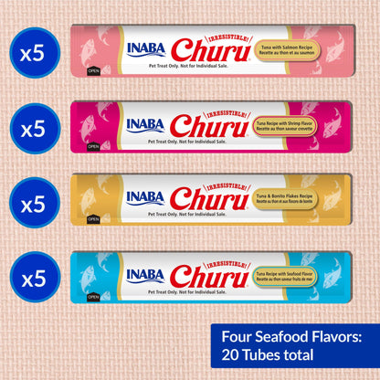 INABA Churu Cat Treats, Lickable, Squeezable Creamy Purée Cat Treat with Green Tea Extract & Taurine, 14 Grams Each Tube, 20 Tubes, Seafood Variety Box