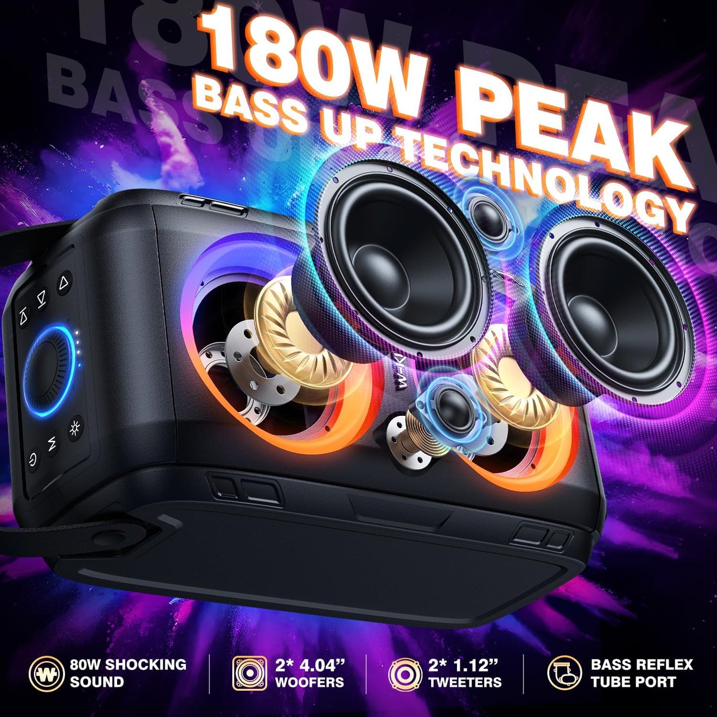 W-KING Bluetooth Speaker Loud, 180W Peak Party Portable Outdoor Haut Parleur Speaker Wireless Boom Box/4 Drivers(2 * 4.04’’ Woofer)-80W Deep Bass Tube, Huge 115dB Sound, Lights/IPX5/EQ/24H/USB/TF/AUX