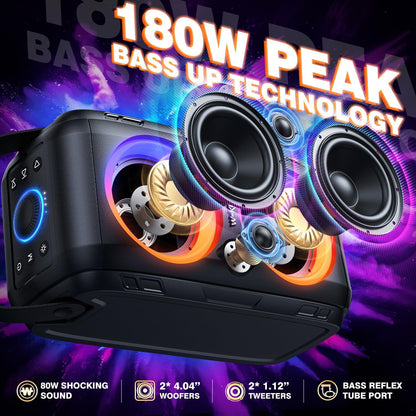 W-KING Bluetooth Speaker Loud, 180W Peak Party Portable Outdoor Haut Parleur Speaker Wireless Boom Box/4 Drivers(2 * 4.04’’ Woofer)-80W Deep Bass Tube, Huge 115dB Sound, Lights/IPX5/EQ/24H/USB/TF/AUX