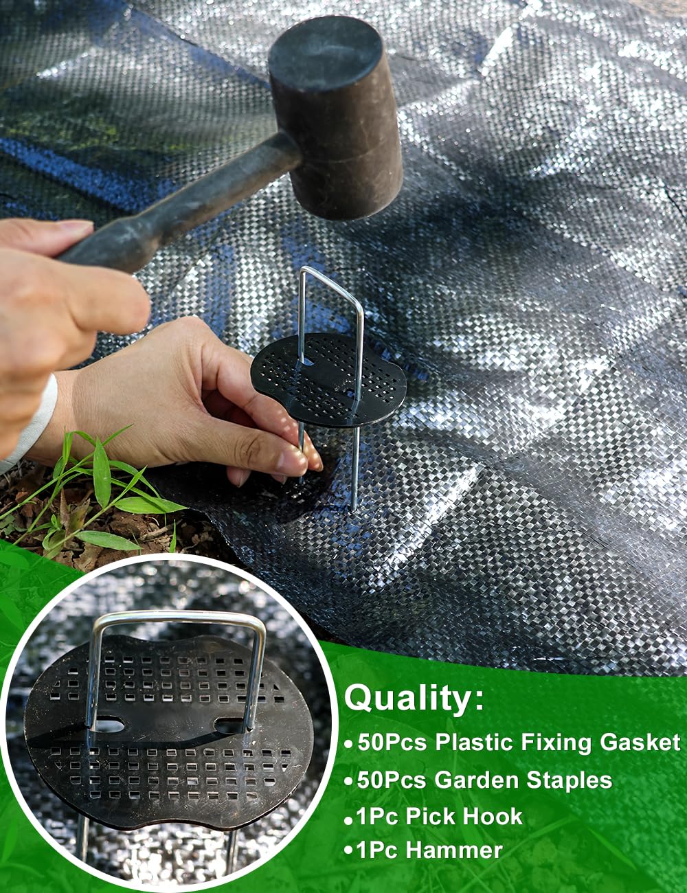 Wohohoho 102Pcs 6 Inches Landscape Staples with Gasket Kit. 50Pcs U-Shaped Garden Stakes and Plastic Fixing Gasket, with Pick Hook and Black Hammer. Pins for Tent Turf Weed Barrier Fabric Hose Fence