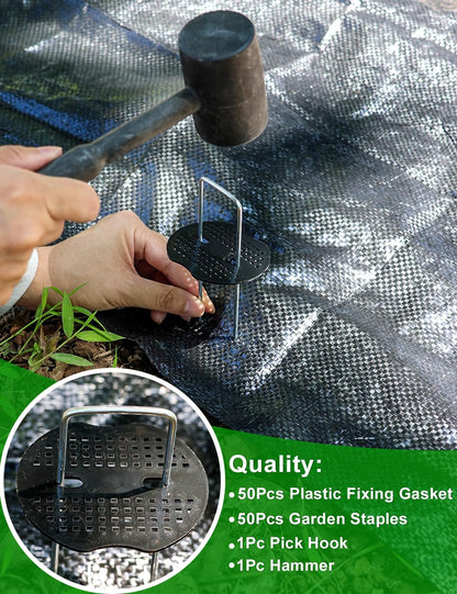 Wohohoho 102Pcs 6 Inches Landscape Staples with Gasket Kit. 50Pcs U-Shaped Garden Stakes and Plastic Fixing Gasket, with Pick Hook and Black Hammer. Pins for Tent Turf Weed Barrier Fabric Hose Fence