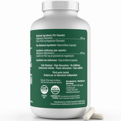 Magnesium Glycinate 200 mg Capsules (Elemental) from Non-Buffered Fully Chelated 100% Magnesium Bisglycinate - 300 Max-Capacity High-Absorption Capsules - Made in Canada - Nutritionn