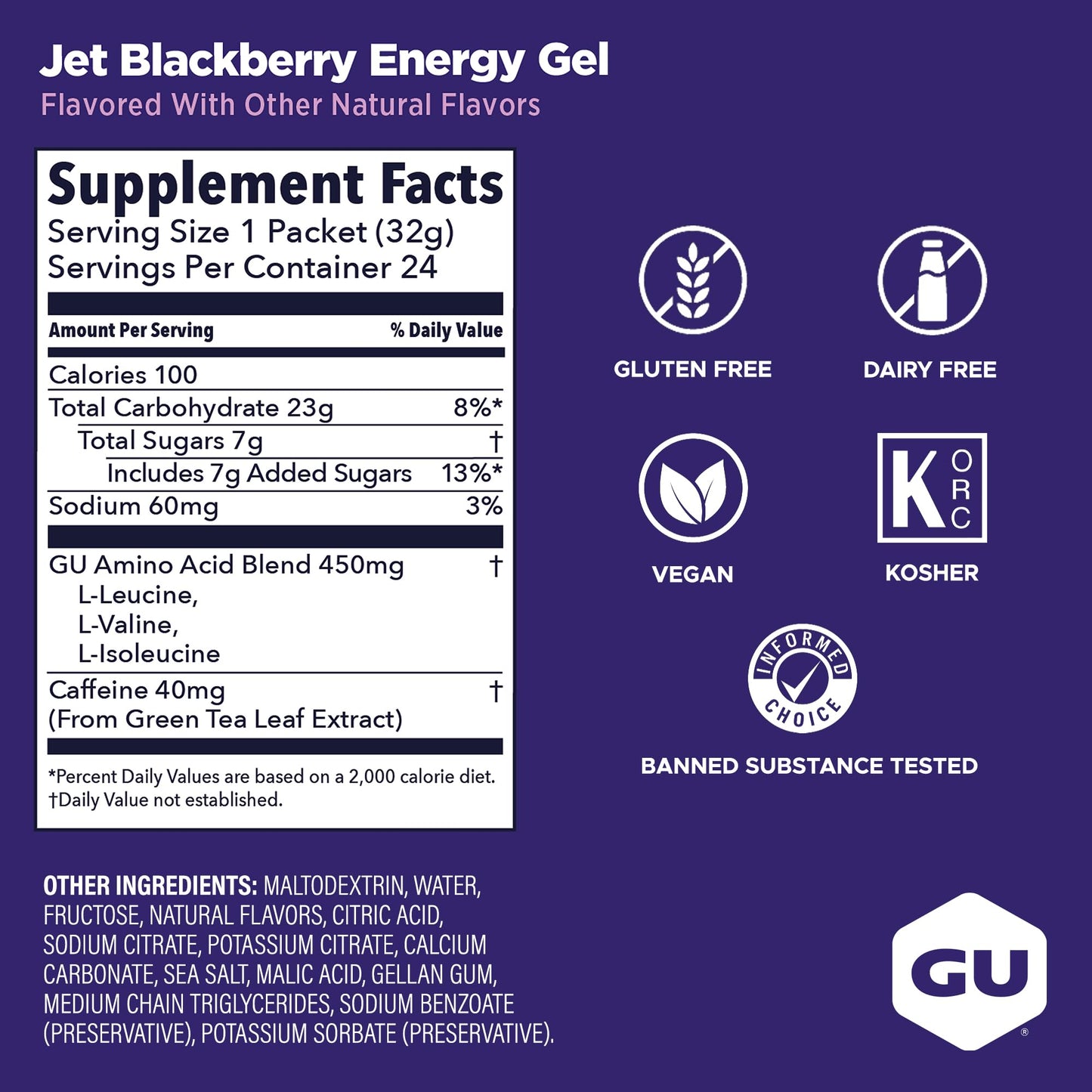 GU ENERGY Original Sports Nutrition Energy Gel, Jet Blackberry, 24-Count