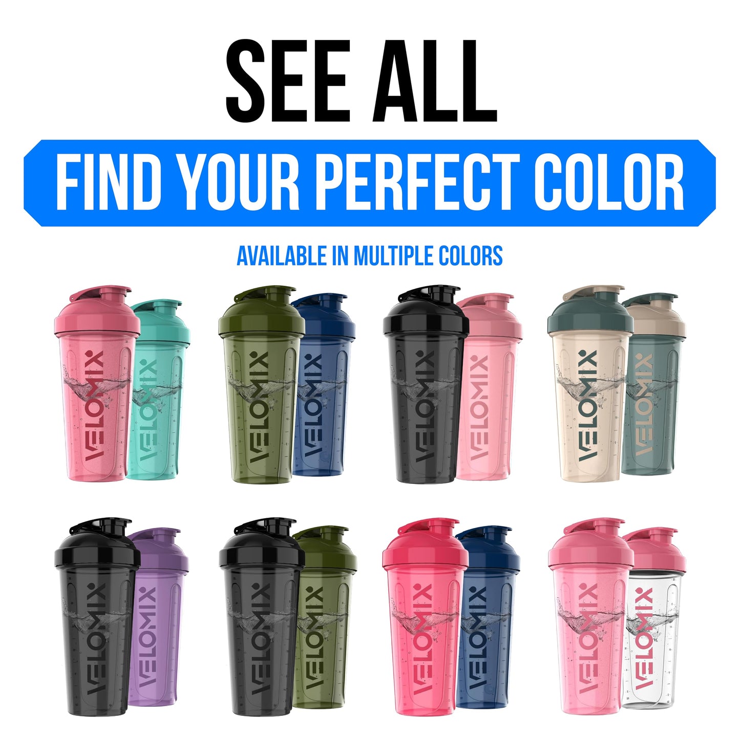 VELOMIX -2 Pack- 28 oz Protein Shaker Bottles for Protein Mixes - 2x Wire Whisk | Leak Proof Shaker Cups for Protein Shakes | Protein Shaker Bottle Pack | Shakers (Transparent & Black - 28oz)