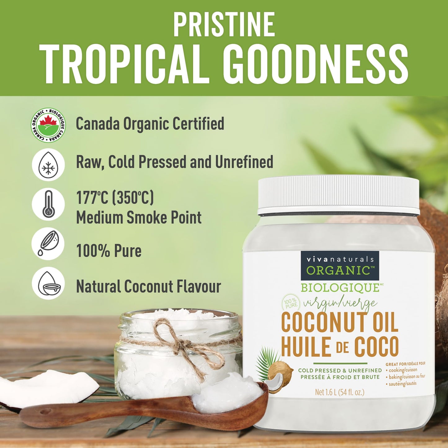 Viva Naturals Organic Virgin Coconut Oil, 54 fl oz (1.6 L) – Cold-Pressed, Unrefined & Non-GMO for Cooking, Hair & Skin