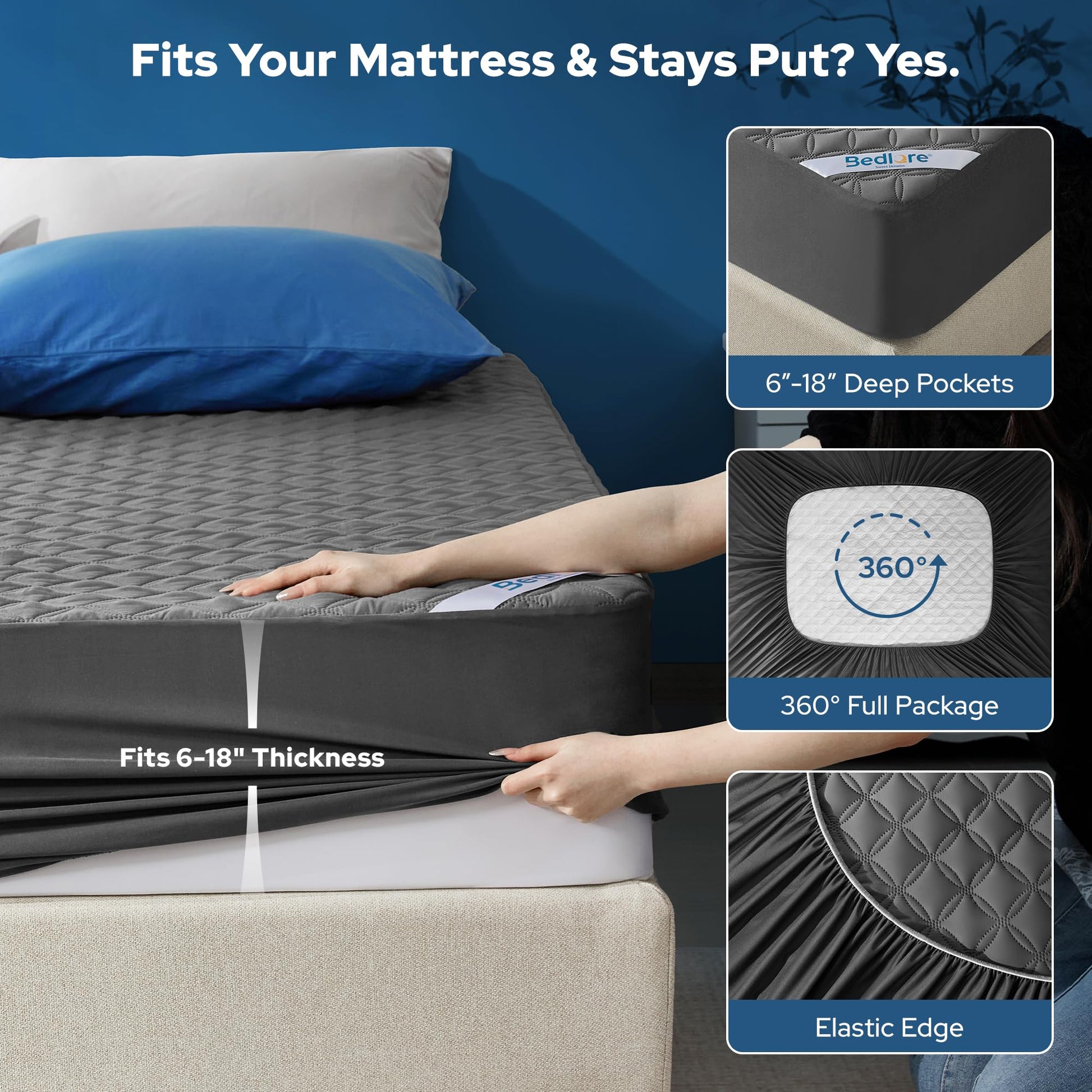 Waterproof Mattress Protector, Noiseless Queen Size Mattress Pad with Deep Pocket Fitted Up to 6"-21", Soft & Breathable Dirt-Proof Bed Mattress Cover Washable for Home, Bedroom, Hotel (Gray)