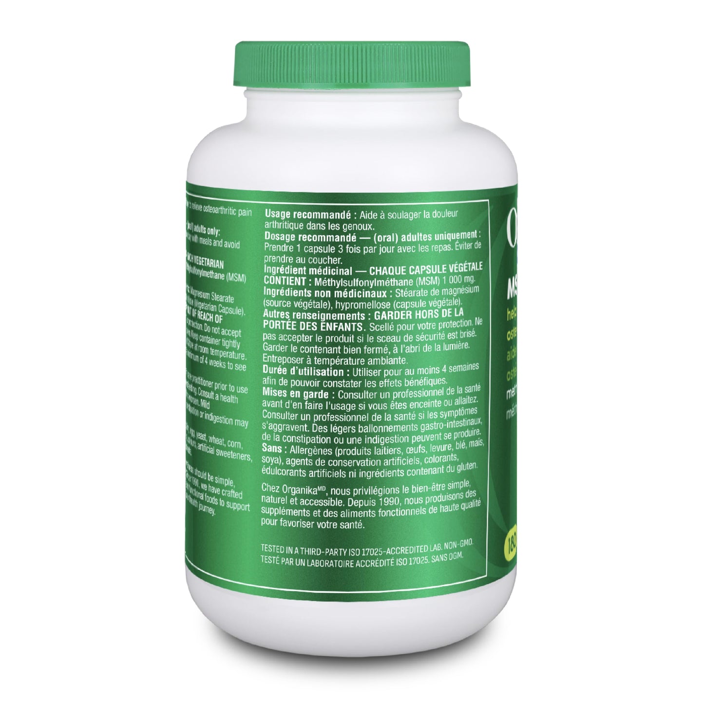 Organika MSM - Joint Support and Inflammation Relief Supplement | Supports Healthier Joints, Bones and Cartilage | Stronger Hair, Skin and Nails | Potent Antioxidant | 1,000mg of MSM - 180 vcaps Organika