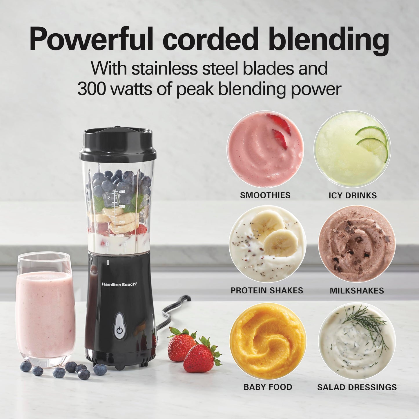 Hamilton Beach Personal Blender for Shakes and Smoothies with 14 Oz Travel Cup and Lid, Black (51101BC)