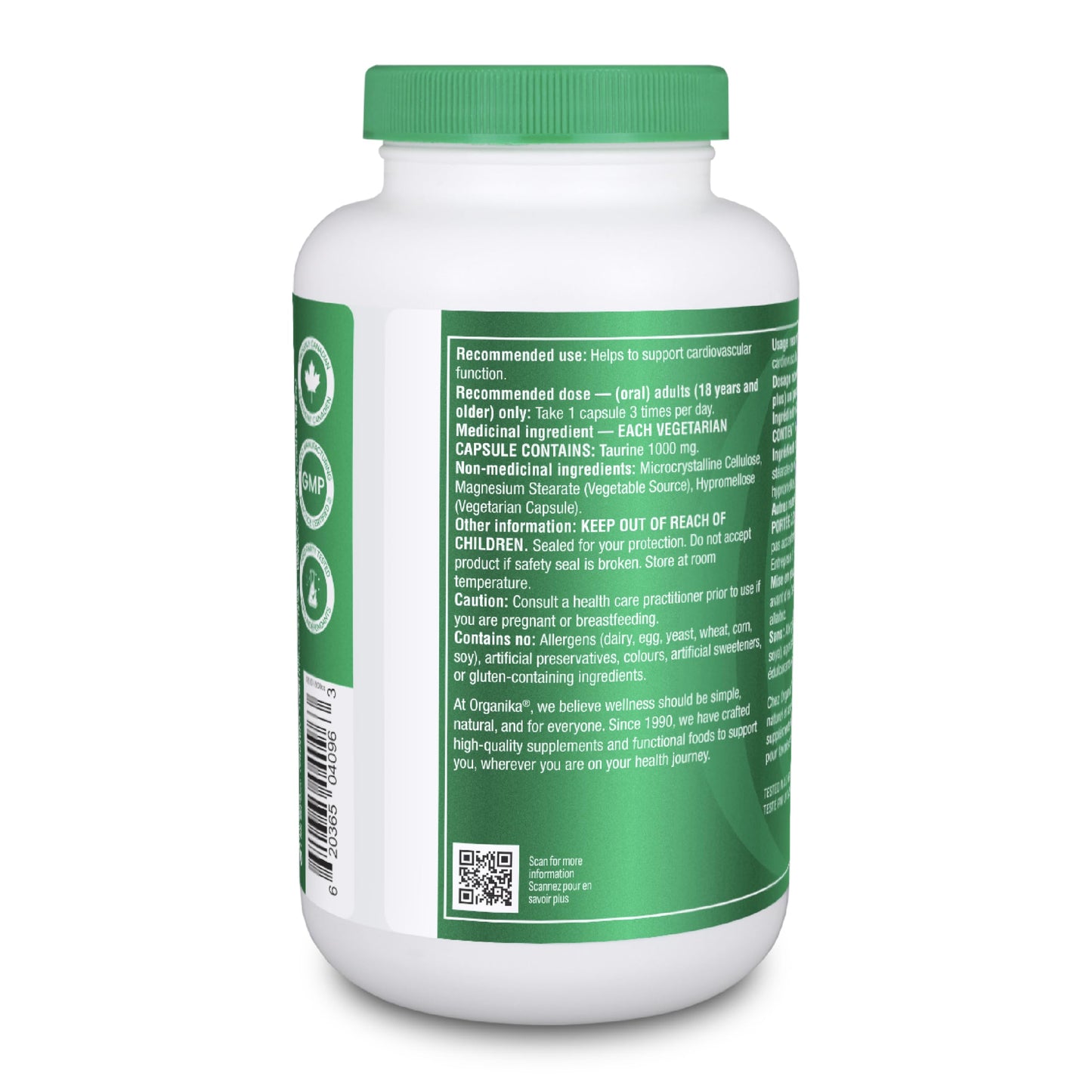 Organika Canadian-Made Taurine Ultra Strength- 1000mg- Supports Cardiovascular Health, 3000mg Daily Dose- 240vcaps - Available at All In One Marketplace Canada