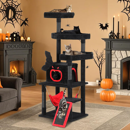 YITAHOME Gothic Cat Tree with Coffin Bed, 63" Tall Cat Tower for Indoor Cats with Top Perch, Spacious Cat Condos, Spider Hanging Balls,Comfy Hammock, Halloween Scratching Post and Ladder, Black