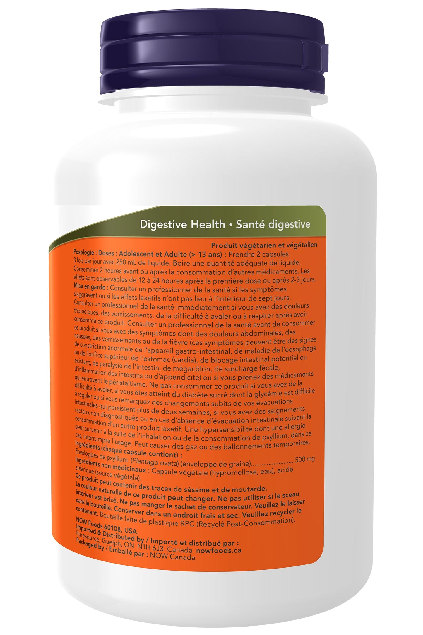 NOW Supplements, Psyllium Husk Caps 500 mg, Natural Soluble Fibre, Intestinal Health*, 200 Veg Capsules
