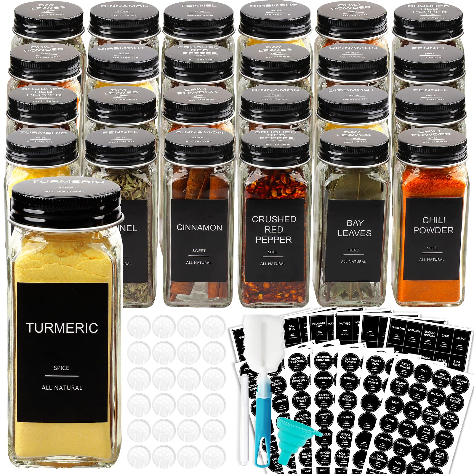 AISIPRIN 24 Pcs Glass Spice Jars with 398 Labels, 4oz Empty Square Containers Seasoning Bottles - Shaker Lids, Funnel, Brush and Marker Included(Black Metal Caps) - Available at All In One Marketplace Canada