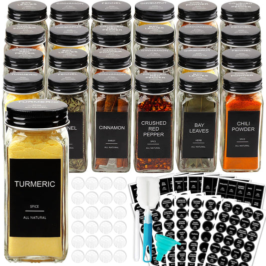 AISIPRIN 24 Pcs Glass Spice Jars with 398 Labels, 4oz Empty Square Containers Seasoning Bottles - Shaker Lids, Funnel, Brush and Marker Included(Black Metal Caps) - Available at All In One Marketplace Canada