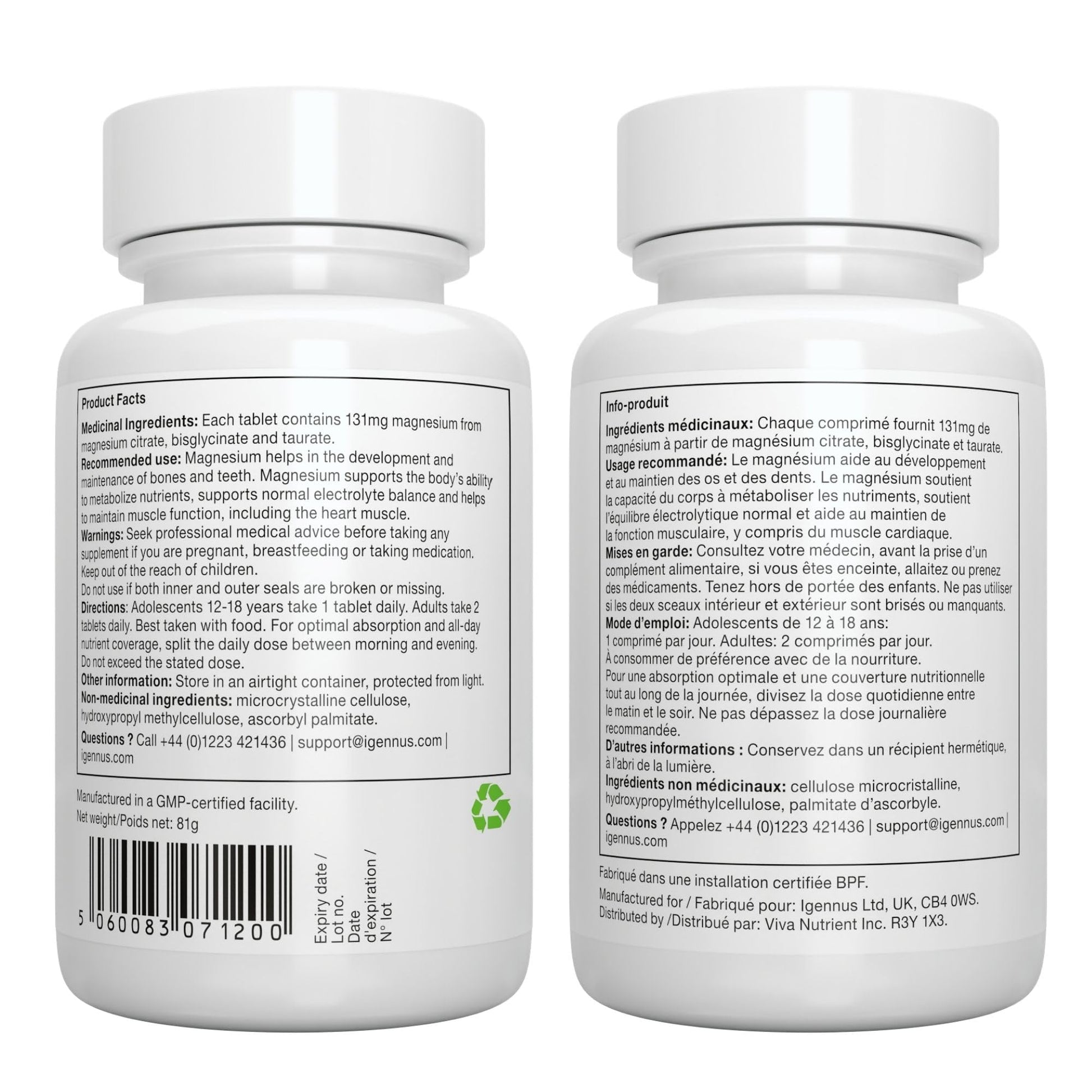 Igennus Superior Triple Magnesium Complex, 262mg Body-Ready Elemental Magnesium, Taurate, Glycinate & Citrate, High Absorption, Fully Reacted & Chelated, Clean Label, Non-Buffered, 60 Vegan Tablets - Available at All In One Marketplace Canada