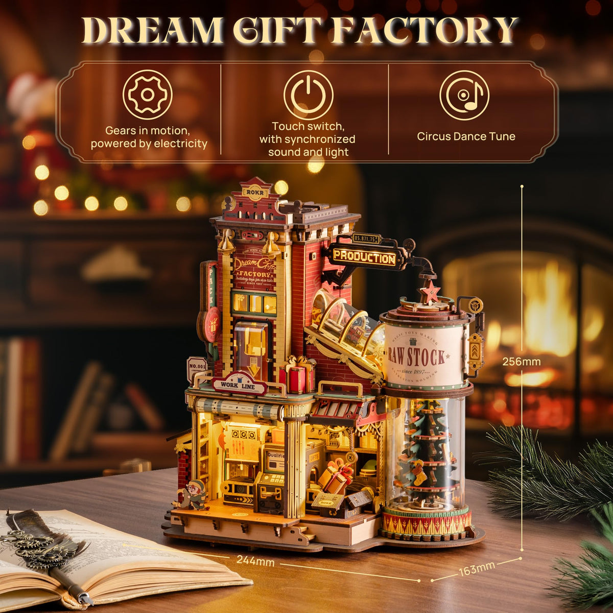 ROKR 3D Puzzle for Adults Christmas Style Dream Gift Factory Wooden Model Kit Luminous Factory DIY Dollhouse Kit Building with Music, Lights and 5 Elves for Teens 14+ 🍁 All In One Marketplace Canada