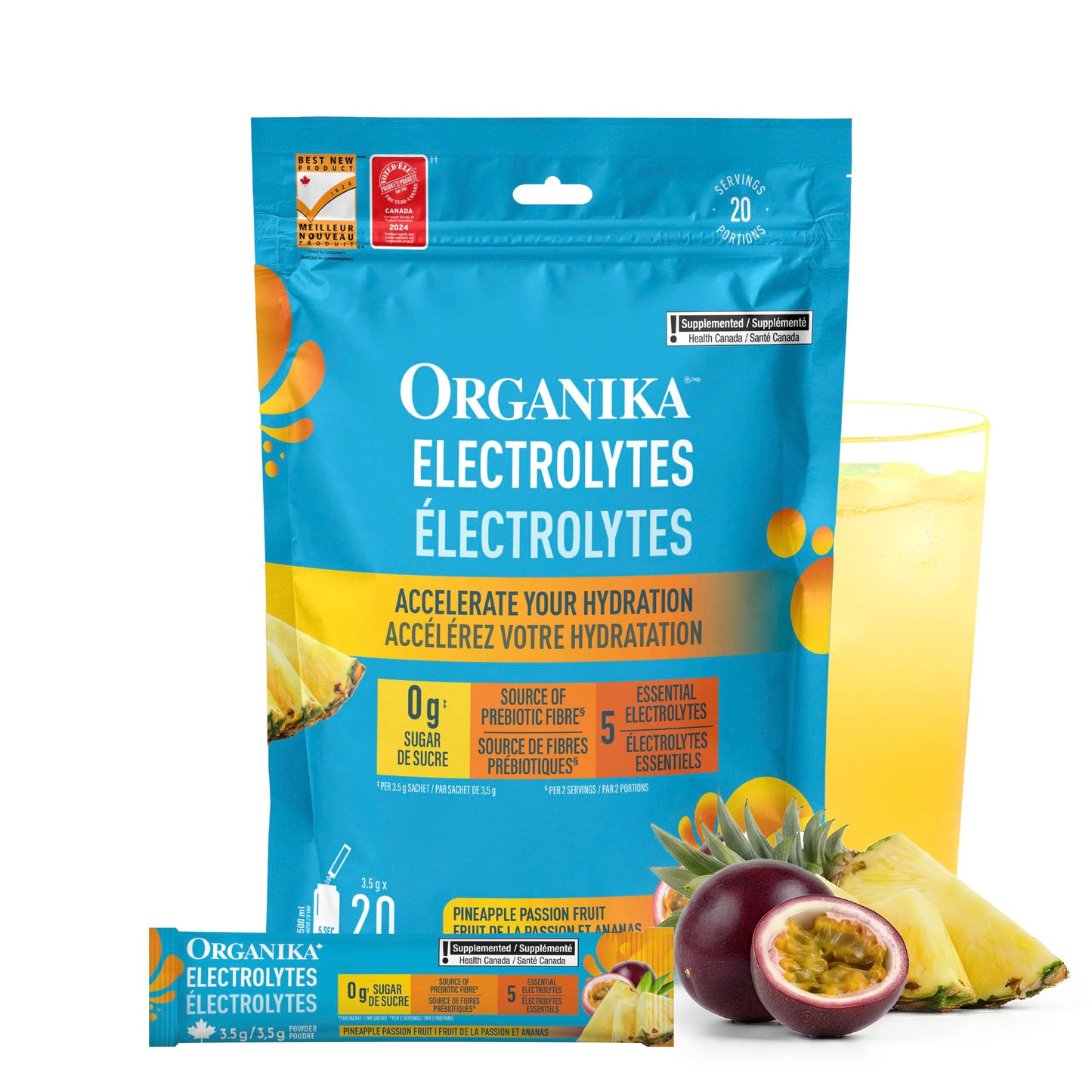Organika Canadian-Made Electrolytes Powder with Vitamin C & Prebiotic Fibre - Sugar-Free Hydration Drink Mix - Pineapple Passionfruit - 20 Single-Serve Sachets x 3.5g