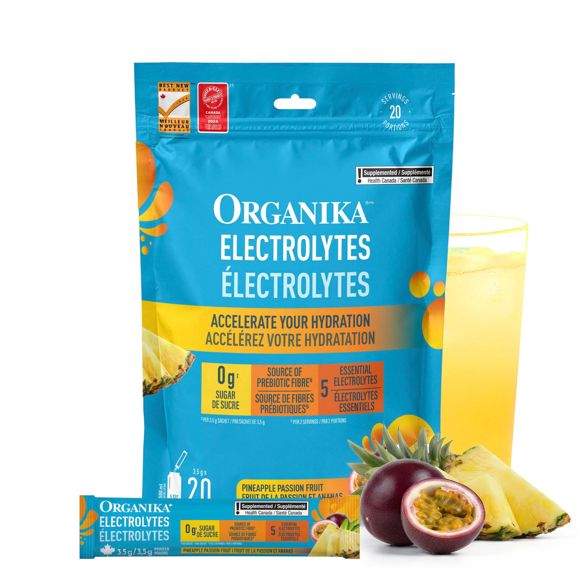 Organika Canadian-Made Electrolytes Powder with Vitamin C & Prebiotic Fibre - Sugar-Free Hydration Drink Mix - Pineapple Passionfruit - 20 Single-Serve Sachets x 3.5g