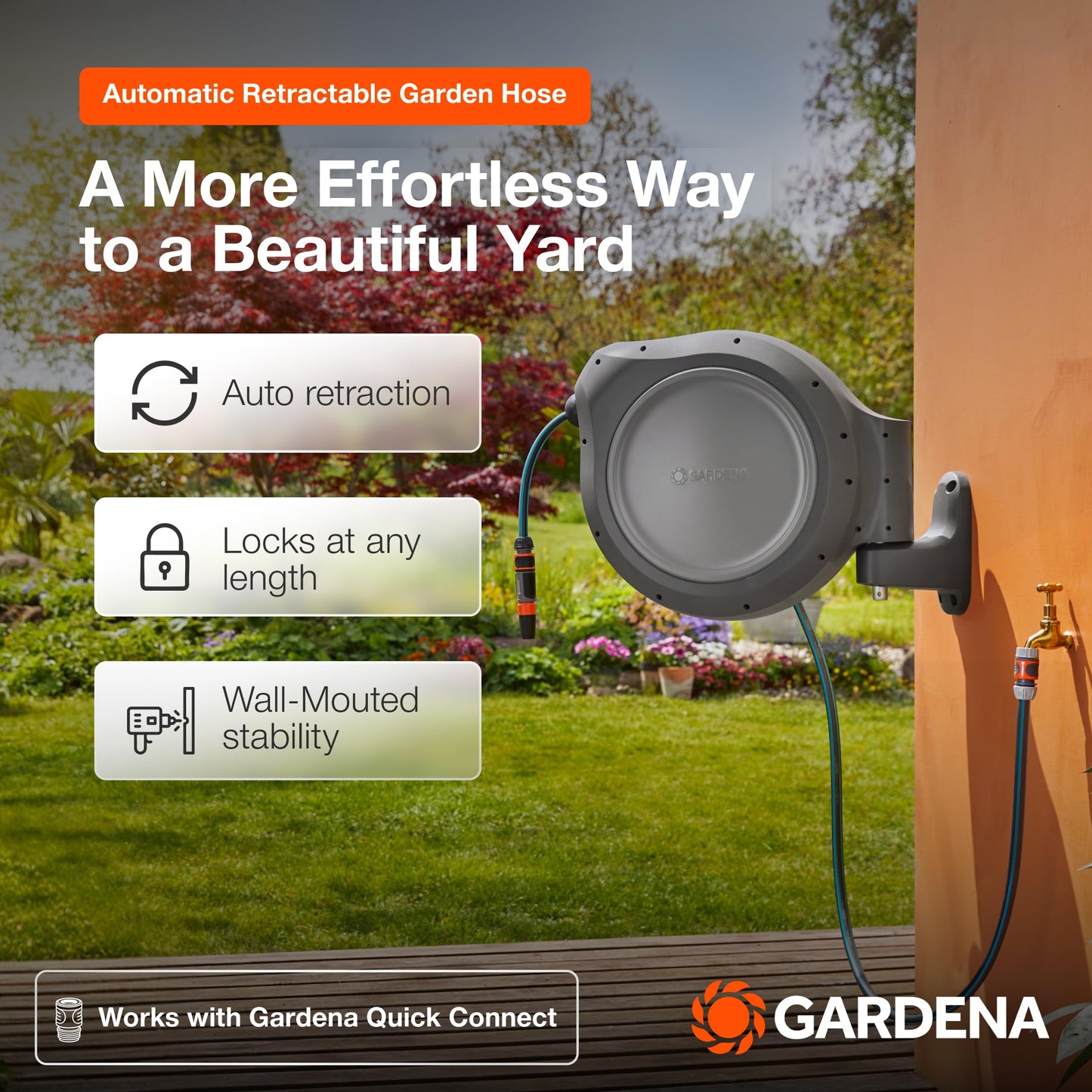 GARDENA 20505-80, 100 Foot Wall Mounted Retractable Reel with Hose Guide, Automatic retraction for Easy Watering,1/2" Hose.