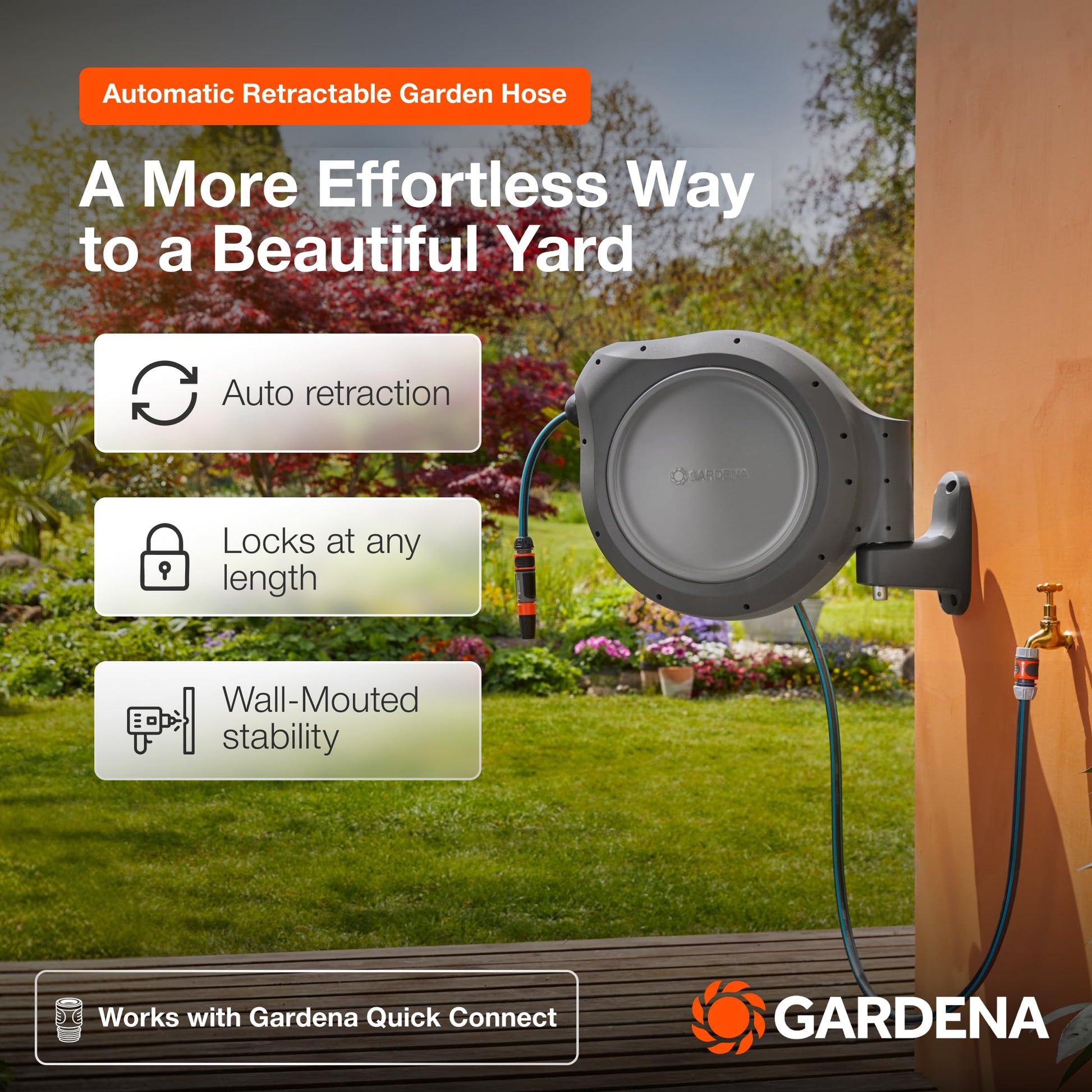 GARDENA 20505-80, 100 Foot Wall Mounted Retractable Reel with Hose Guide, Automatic retraction for Easy Watering,1/2" Hose.