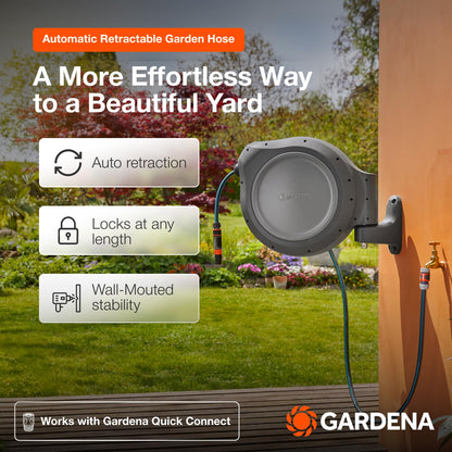 GARDENA 20505-80, 100 Foot Wall Mounted Retractable Reel with Hose Guide, Automatic retraction for Easy Watering,1/2" Hose.