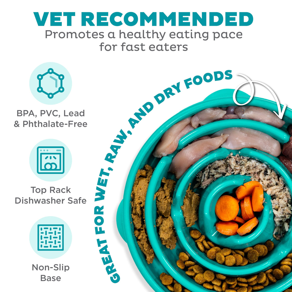 Fun Feeder Slo Bowl – Large 4‑Cup Capacity, Slow Feeding, Medium to Large Dogs, Non‑Slip, Turquoise, Drop Pattern