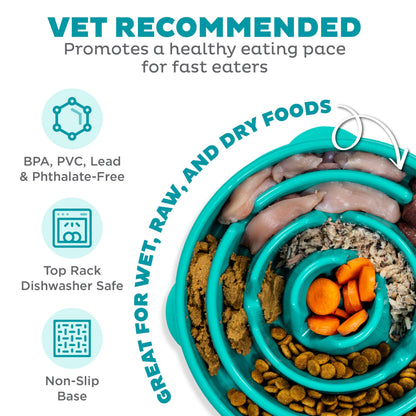 Fun Feeder Slo Bowl – Large 4‑Cup Capacity, Slow Feeding, Medium to Large Dogs, Non‑Slip, Turquoise, Drop Pattern
