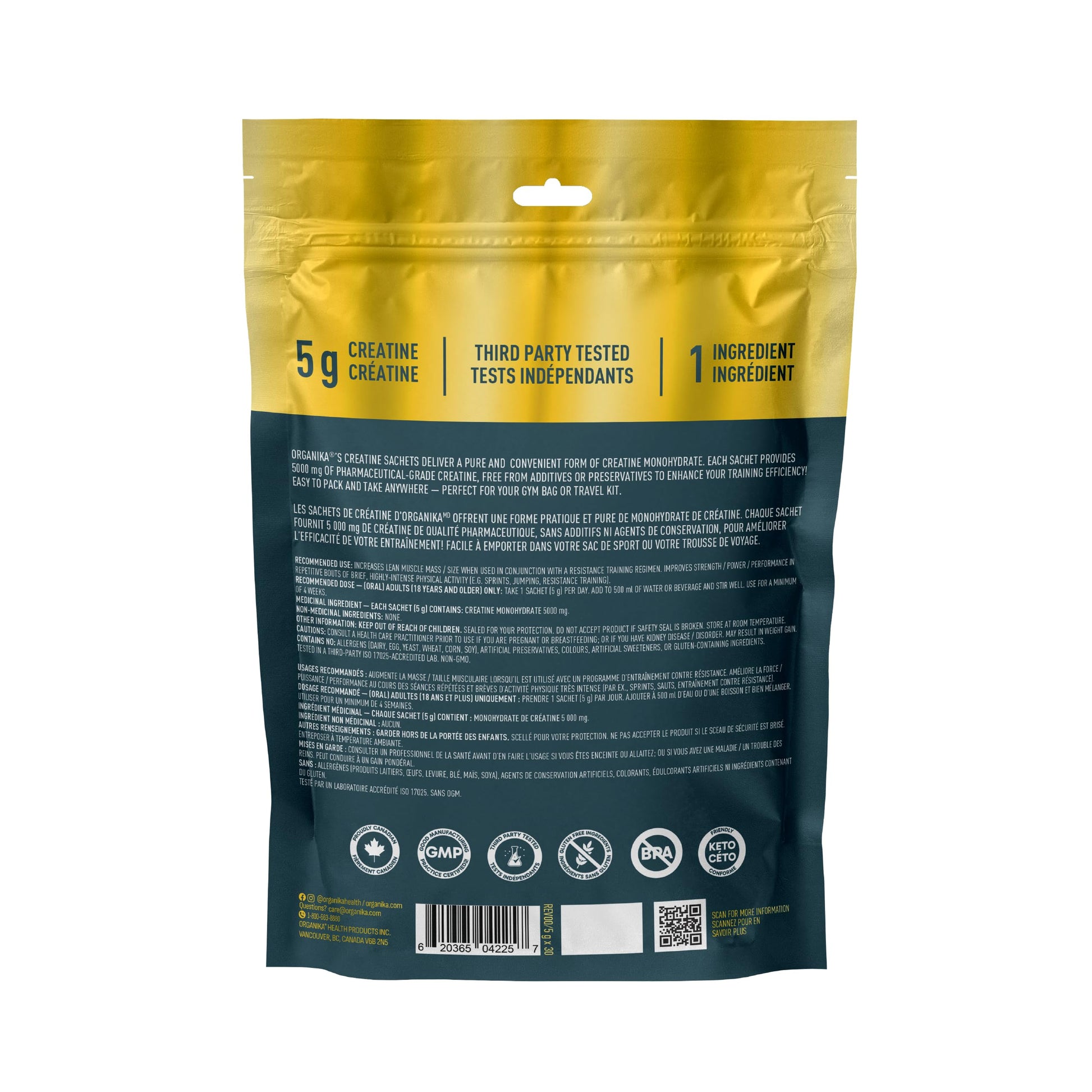 Organika Canadian-Made Creatine Powder- Pure Micronized Creatine Monohydrate - Helps Build Lean Muscle, Increase Strength, and Improved Recovery and Performance for Men and Women- 30 x 5g sachets