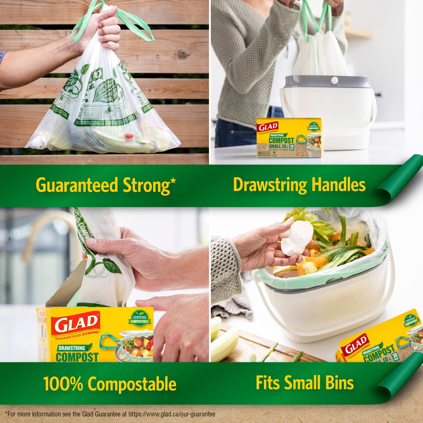 Glad Certified Compostable Drawstring Bags - Small 10 Litres - Drawstring, 80 Compost Trash Bags - Unscented