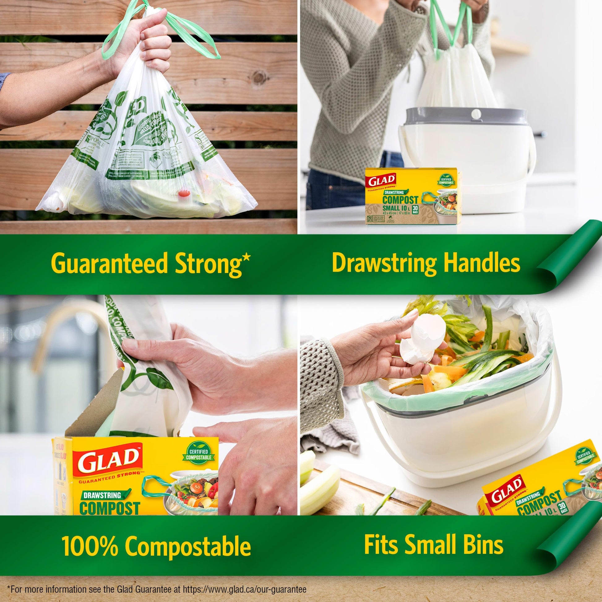 Glad Certified Compostable Drawstring Bags - Small 10 Litres - Drawstring, 80 Compost Trash Bags - Unscented