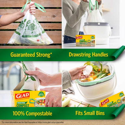 Glad Certified Compostable Drawstring Bags - Small 10 Litres - Drawstring, 80 Compost Trash Bags - Unscented