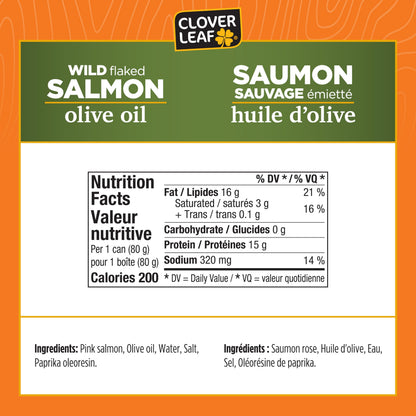 Clover Leaf Wild Flaked Pink Salmon Olive Oil 80g, 24 Easy-Peel Cans Clover Leaf