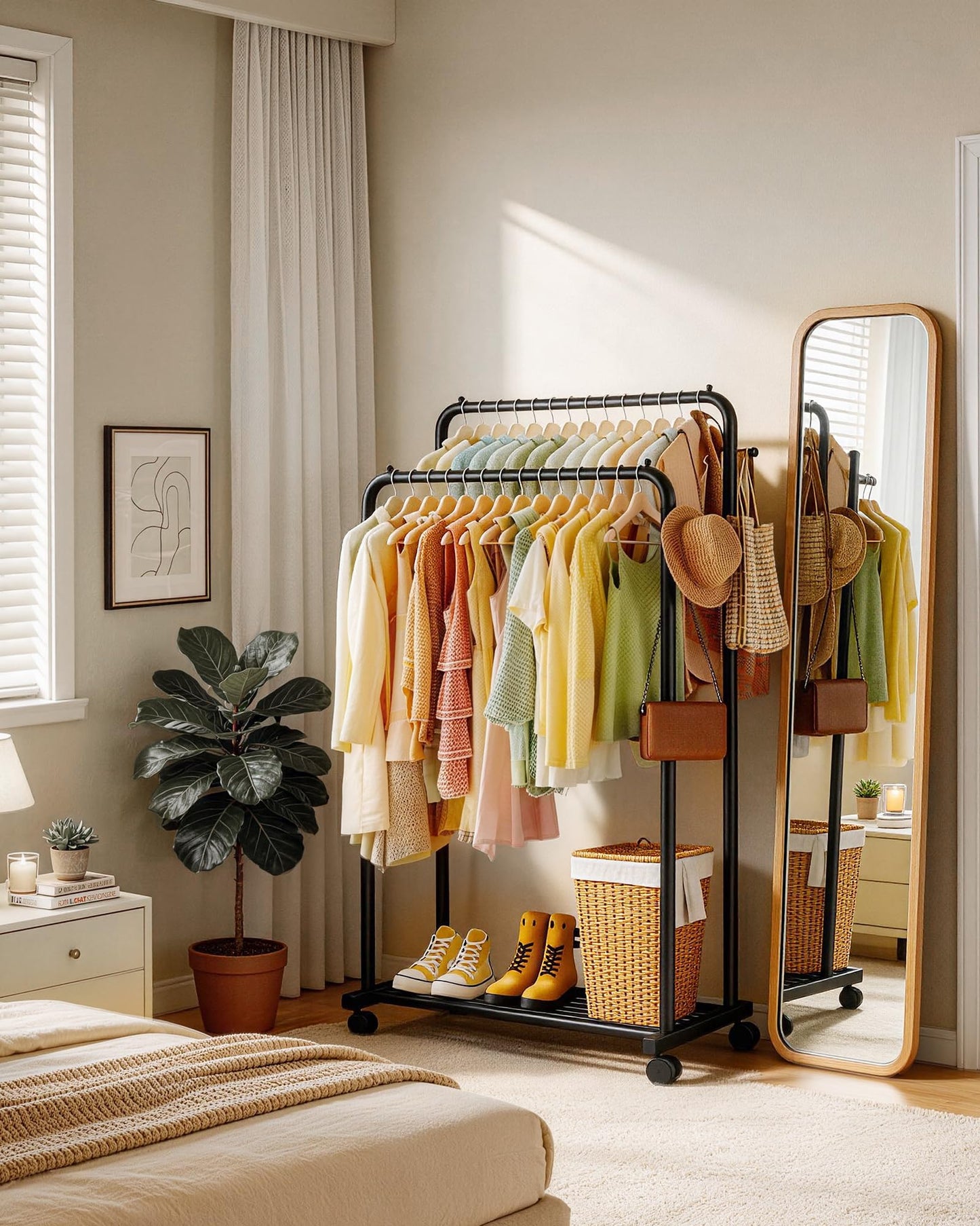 Sakugi Double-Rod Metal Clothing Rack with Wheels, Black - Available at All In One Marketplace Canada
