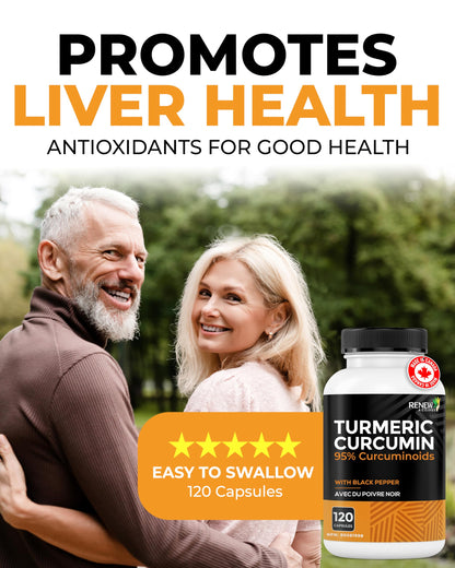 RENEW ACTIVES Turmeric Curcumin – Ultra Potent 95% Curcuminoids with BioPerine Black Pepper for Maximum Absorption – Supports Joint Health, Mobility, Digestion & Liver – Made in Canada – 120 Capsules