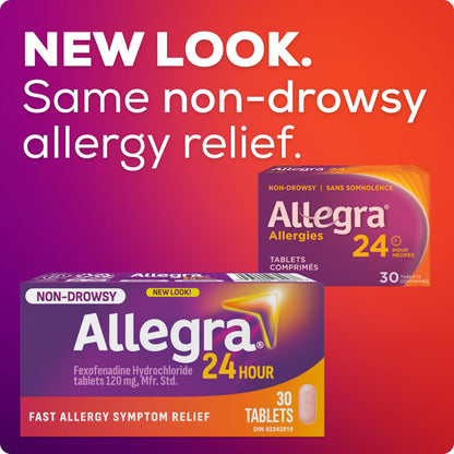 Allegra 24 Hour Allergy Medication, Non Drowsy, Fast and Effective Multi-Symptom Allergy Relief Medicine for Sneezing, Watery Eyes and Itchy Throat, Fexofenadine Hydrochloride 120 mg, 30 Tablets - Available at All In One Marketplace Canada