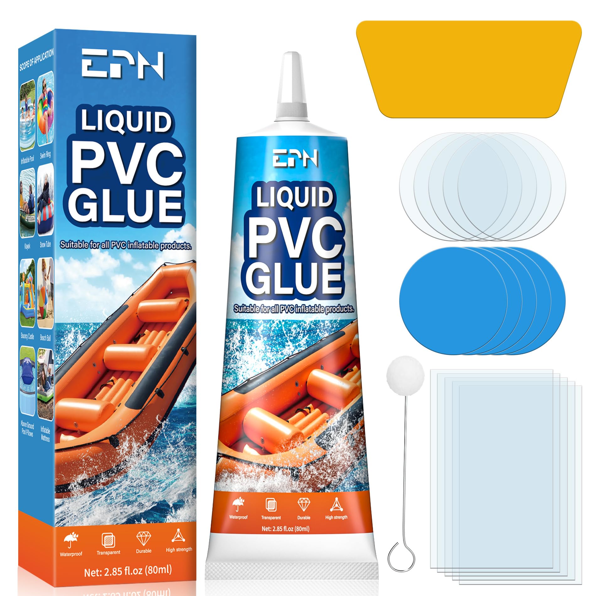 EPN Air Mattress Patch Kit, Waterproof Vinyl Pool Liner Repair Kit for Inflatables, Air Mattress, Swimming Ring, Tent, Bounce House, Inflatable Toys, Hot Tub, PVC Boat, Raft, Kayak (80ml*1)