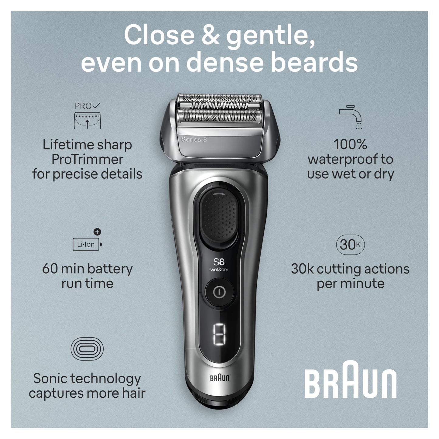 Braun Series 8 Electric Shaver for Men with Precision Long Hair Trimmer, Wet and Dry Electric Razor with Charging Stand and Travel Case, 8517s Galvano Silver - Available at All In One Marketplace Canada