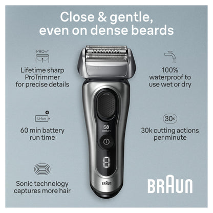 Braun Series 8 Electric Shaver for Men with Precision Long Hair Trimmer, Wet and Dry Electric Razor with Charging Stand and Travel Case, 8517s Galvano Silver - Available at All In One Marketplace Canada