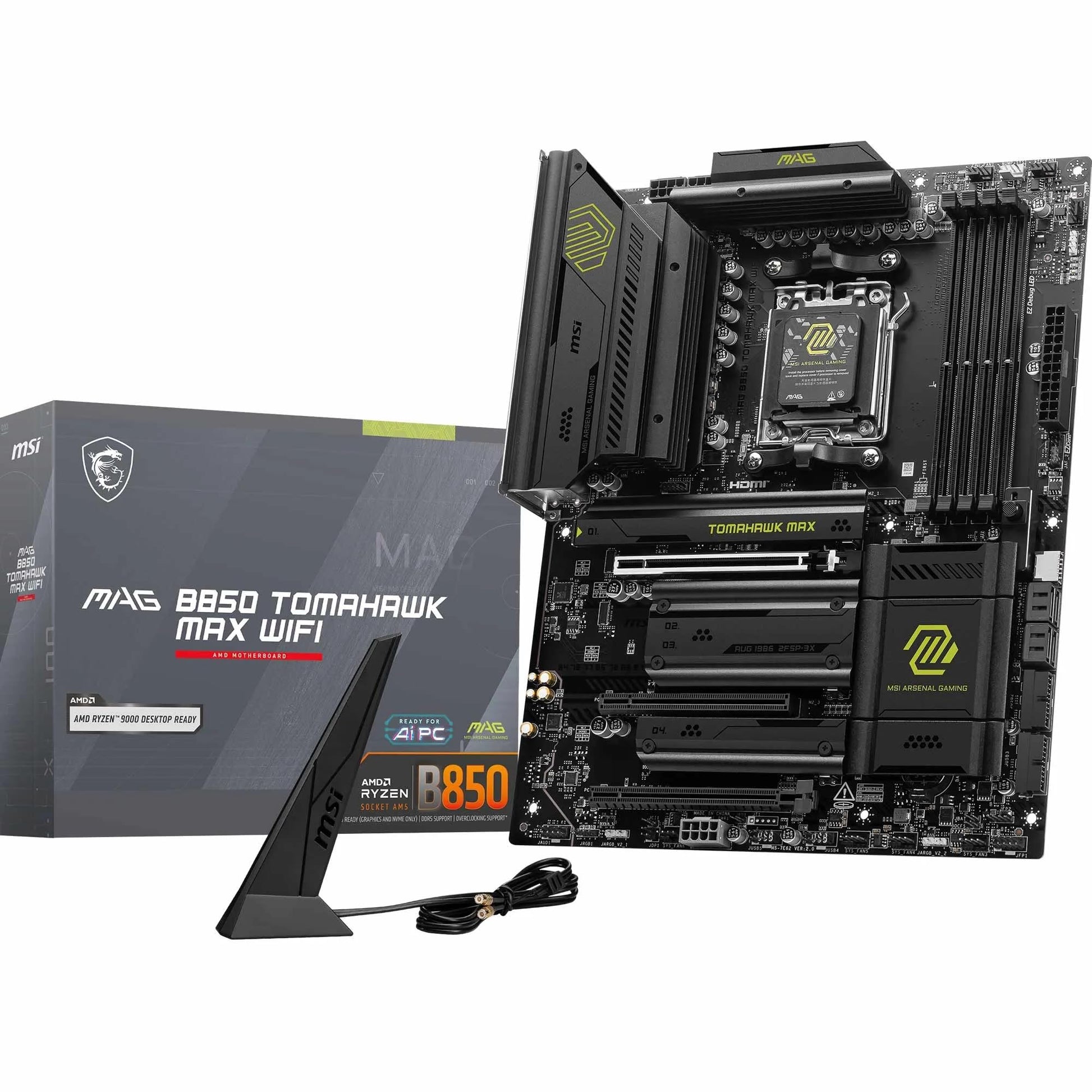 MSI MAG B850 Tomahawk MAX WiFi Gaming Motherboard (AMD Ryzen 9000/8000/7000 Series Processors, AM5, DDR5, PCIe 4.0, M.2, SATA 6Gb/s, USB 3.2 Gen 2, HDMI/DP, Wi-Fi 7, Bluetooth 5.3, 2.5Gbps LAN, ATX) MSI