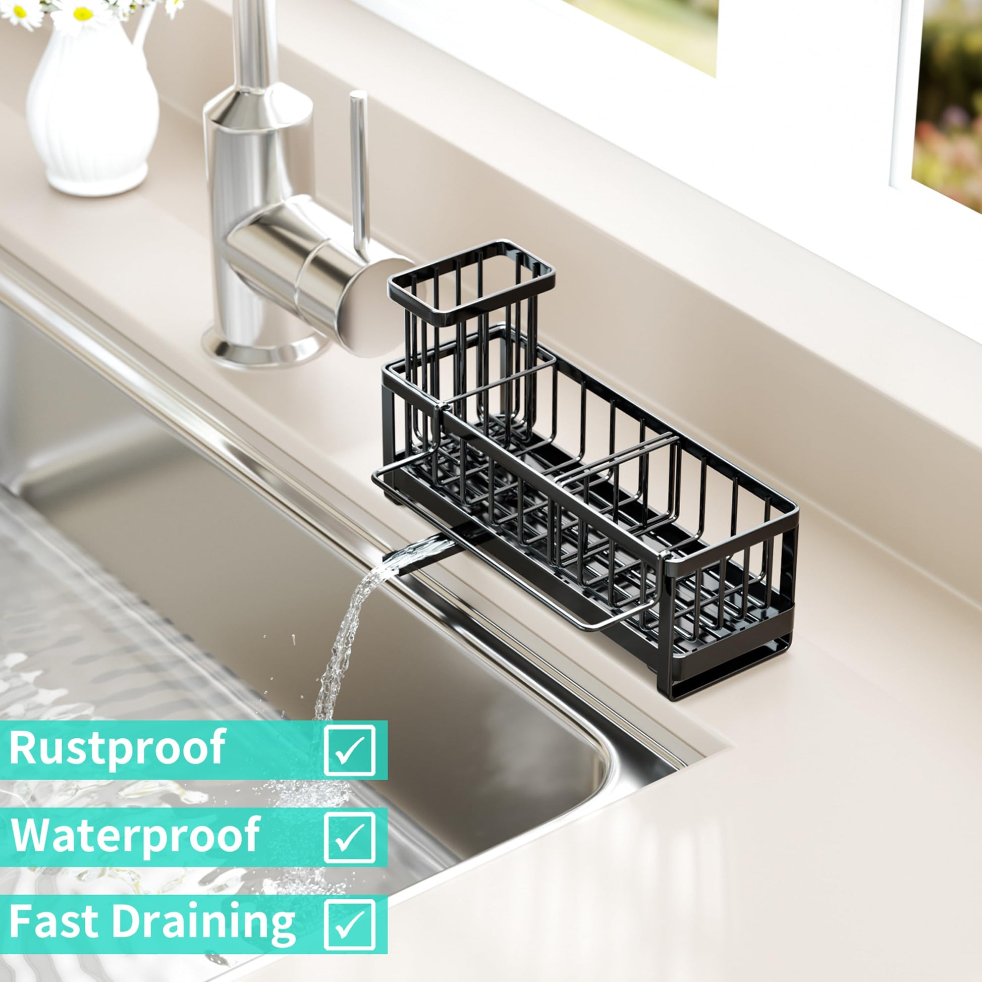 HapiRm Sponge Holder for Kitchen Sink - Self-draining Sink Caddy Organizer with Brush and Dishcloth Holders, Stainless Steel Kitchen Sink Organizers and Storage for Countertop - Available at All In One Marketplace Canada