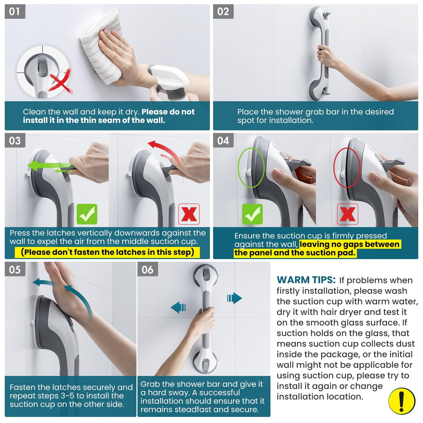TAILI Shower Suction Cup Grab Bar Bathtubs Handrails for Seniors Elderly, No Drilling Waterproof, Grey, 2 Pack, 16 Inch - Available at All In One Marketplace Canada