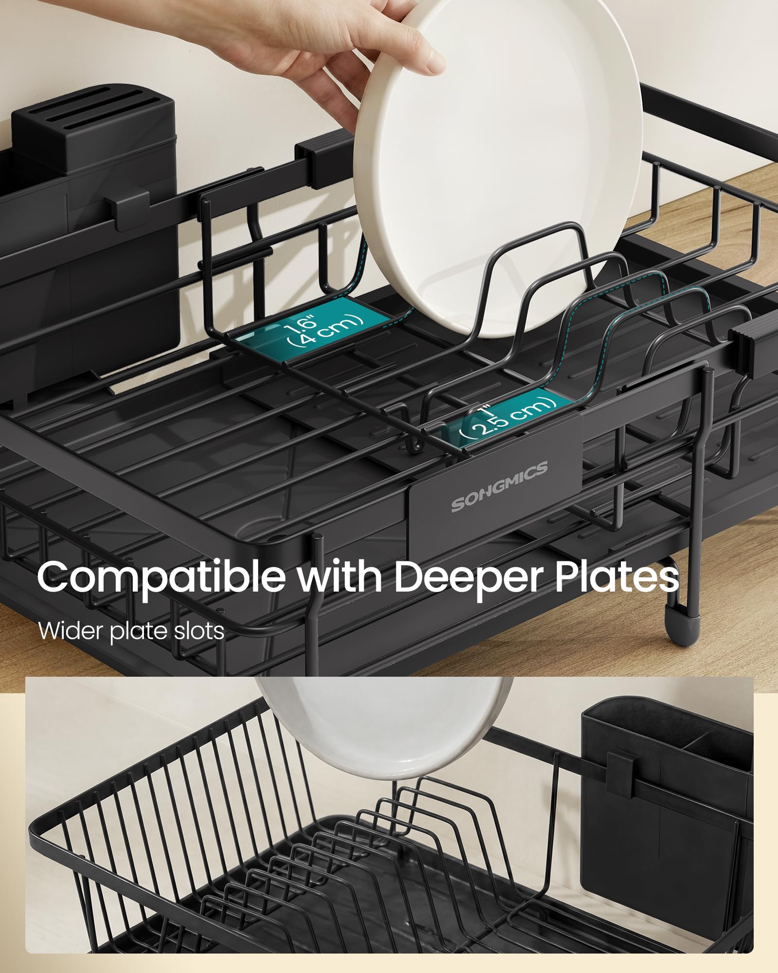 SONGMICS Dish Drainer Rack, Large Extendable Draining Board Rack for Small Spaces, 360° Rotating Extendable Spout, Kitchen Sink Drainer, Steel, 46.5 x 29.6 x 14 cm, Ink Black KCS556BH01 SONGMICS