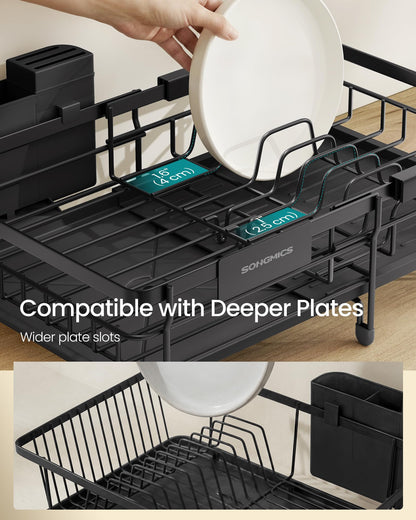 SONGMICS Dish Drainer Rack, Large Extendable Draining Board Rack for Small Spaces, 360° Rotating Extendable Spout, Kitchen Sink Drainer, Steel, 46.5 x 29.6 x 14 cm, Ink Black KCS556BH01 SONGMICS
