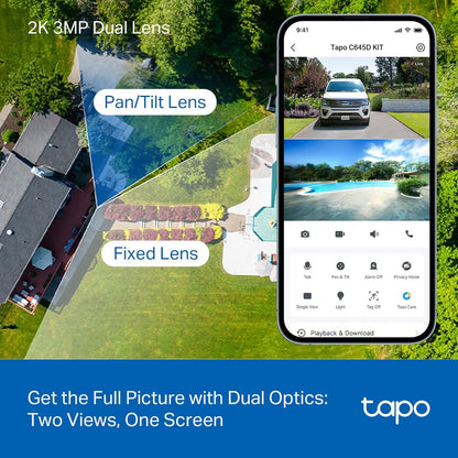Tapo 2K Dual Lens 360° Pan/Tilt Security Battery Camera Wireless w/Solar Panel, 165° Wide View + 6mm Telephoto, Free Person/Vehicle Detection, SD/Cloud Storage, Works w/Alexa & Google (Tapo C645D KIT)
