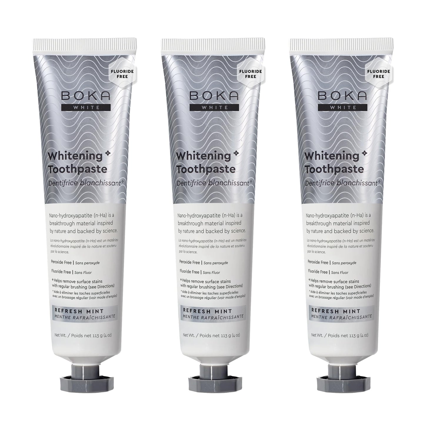 Boka Fluoride Free Toothpaste, Nano Hydroxyapatite Toothpaste, Appropriate for Sensitive Teeth, for Adult, Kids Oral Care - Whitening * Refresh Mint, 4 Fl Oz (113g) 3Pk